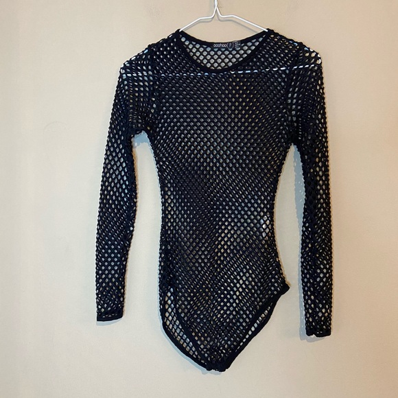 BOOHOO BLACK Net Bodysuit Top long Sleeve Sexy SZ 2 (XS) See-through Party - Picture 2 of 8